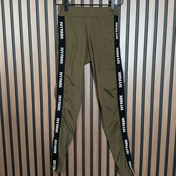 Ivy Park Leggings Small Womens Green Ankle Compression Side Logo Stripe Pull On - Picture 1 of 10